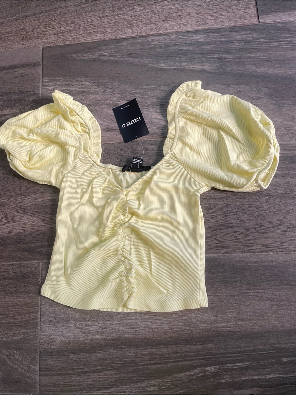 Forever 21 Pale Yellow Puff-Sleeve Ribbed Crop Top